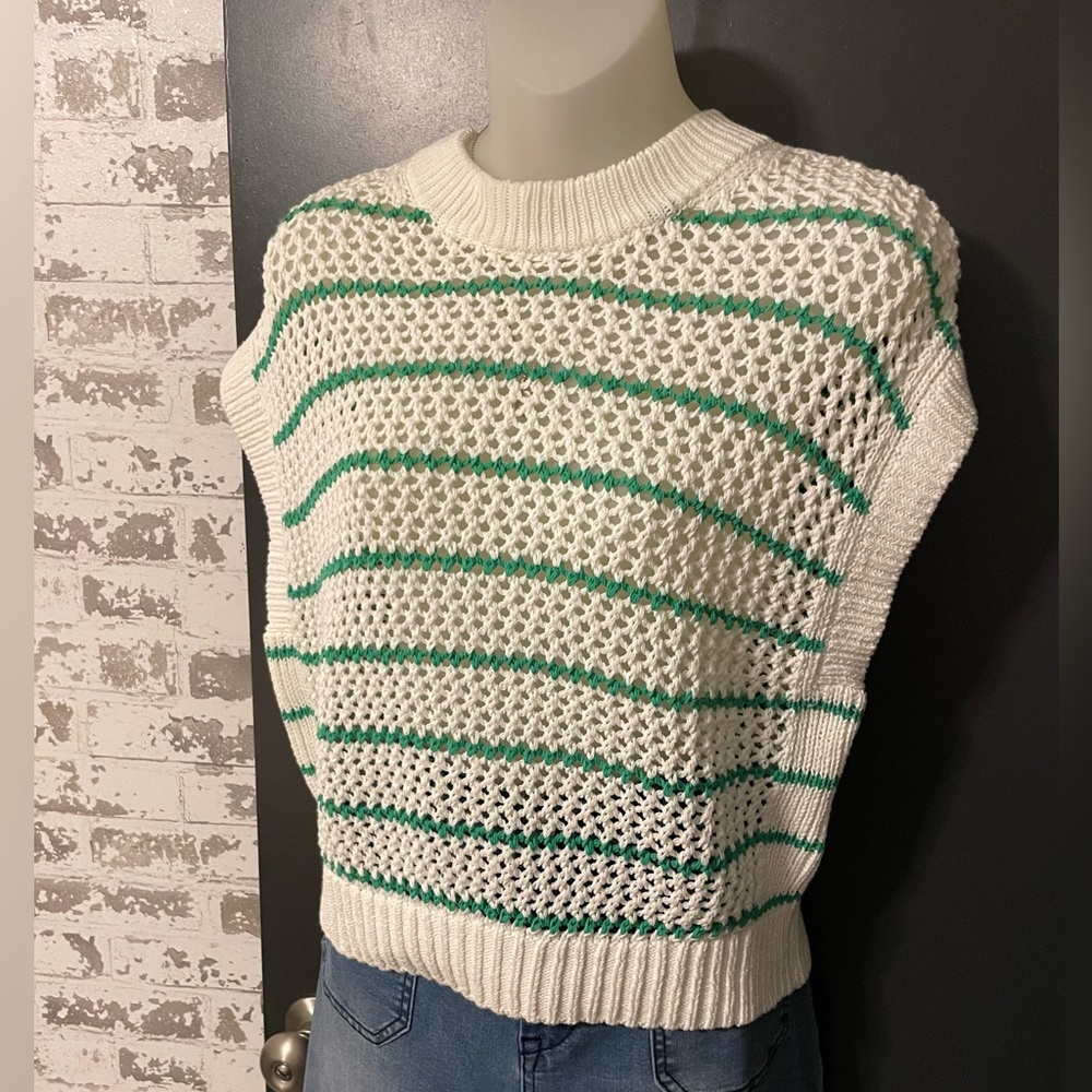 NWT Madewell Open Knit Sweater White Green stripes Cotton XS - Picture 4 of 7